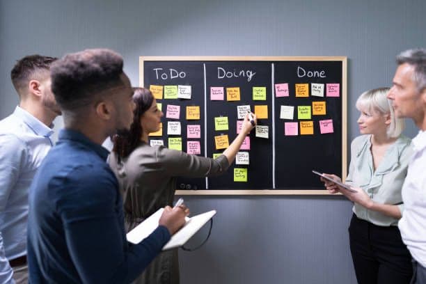 A team reviewing a kanban board of sticky notes